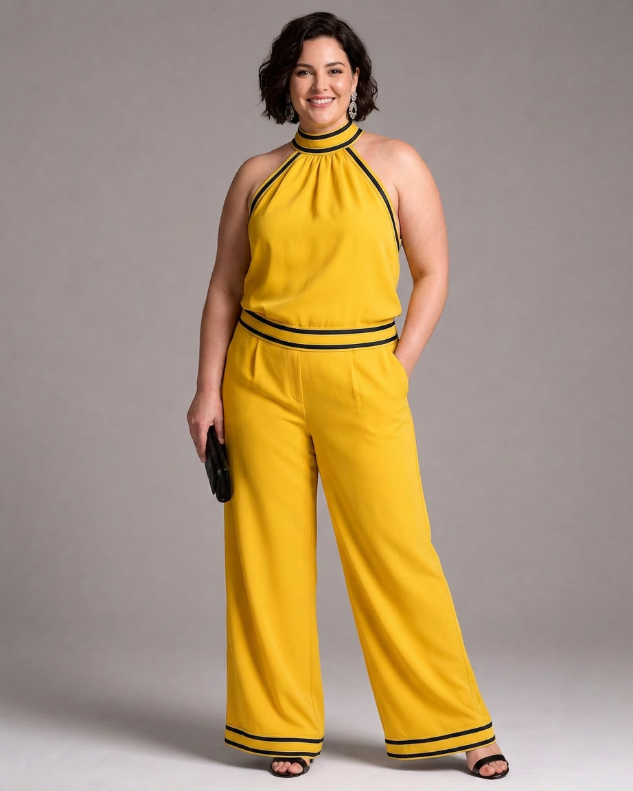 Saffran | Kontrastkant Halterneck Bred Ben Jumpsuit
