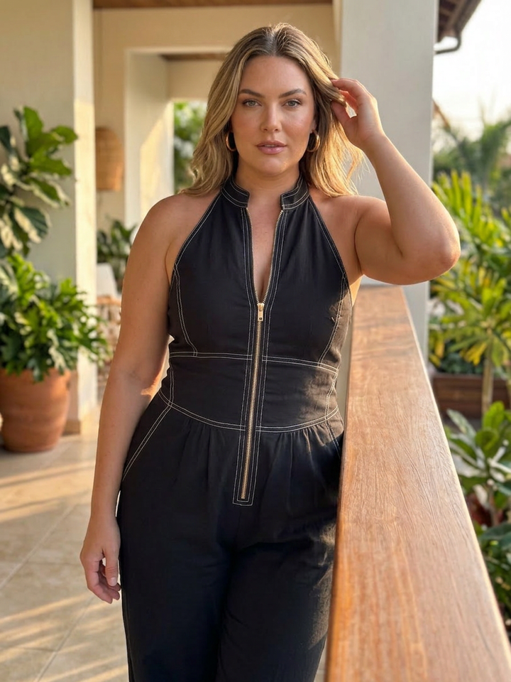 Nell | Zip Front Kontrast Søm Bred Ben Jumpsuit