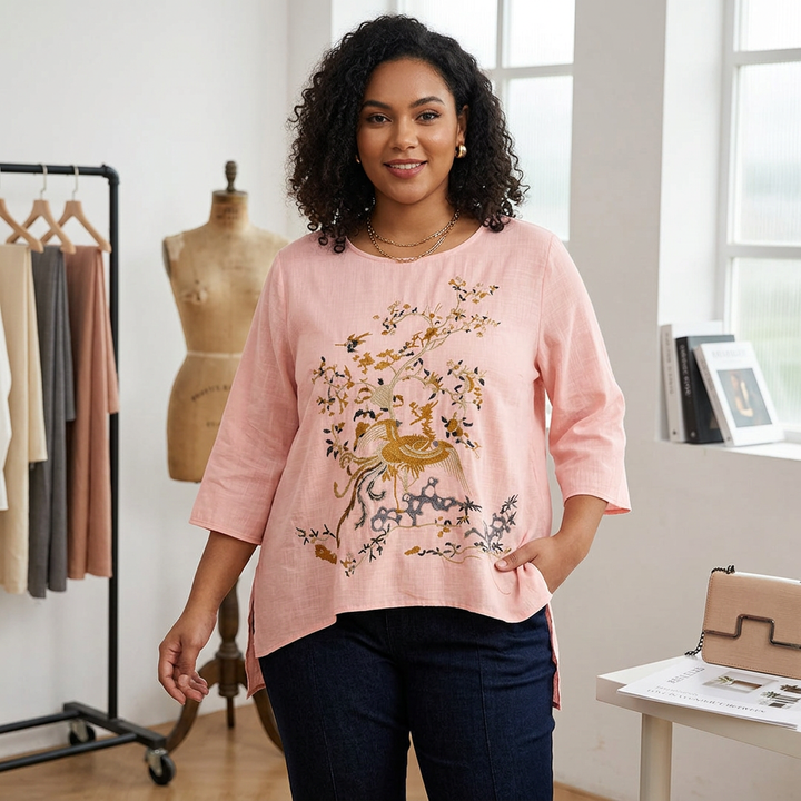 Anwen - Ren Bomull Brodert Komfortabel Topp