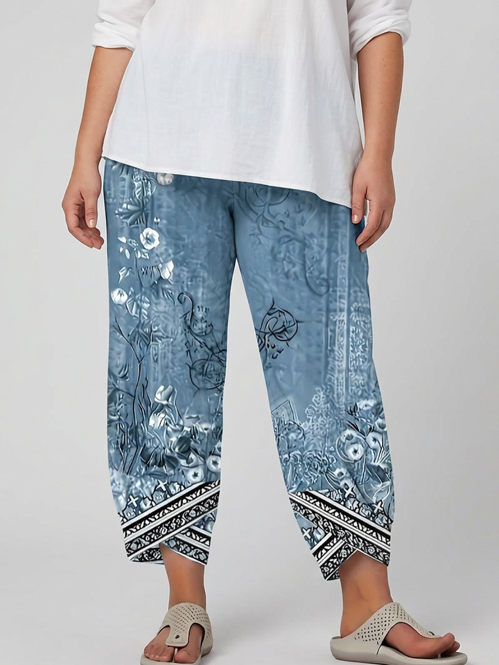 Olwen | Vintage Floral Capri Bukse Med Elastisk Midje