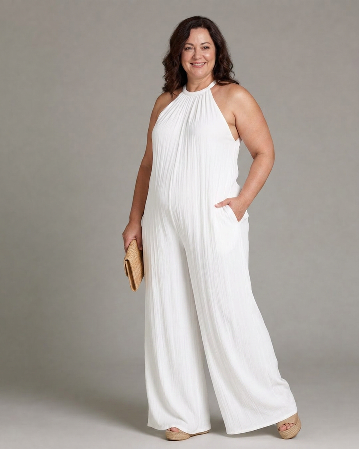 Wanda | Plisserte Halterneck Bred Ben Avslappet Jumpsuit