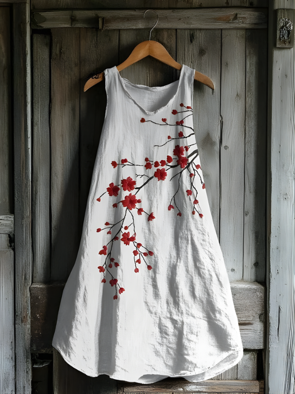 Nova - Vintage Rød Blomst Lin Tankkjole