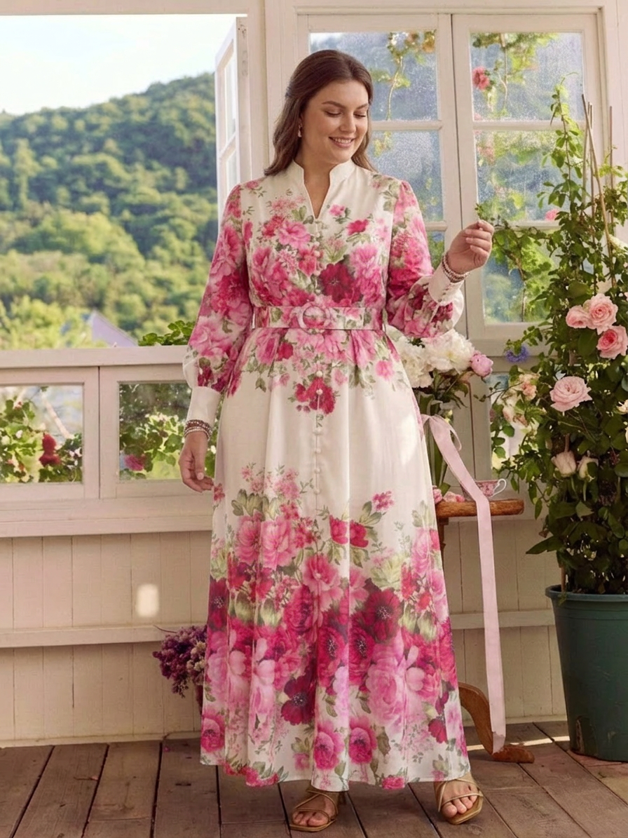 Dahlia | Langermet blomstret belted maxi-kjole