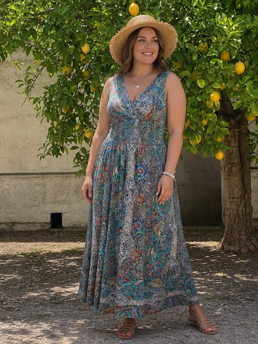 Nova | Ermeløs Paisley Print Midi Kjole