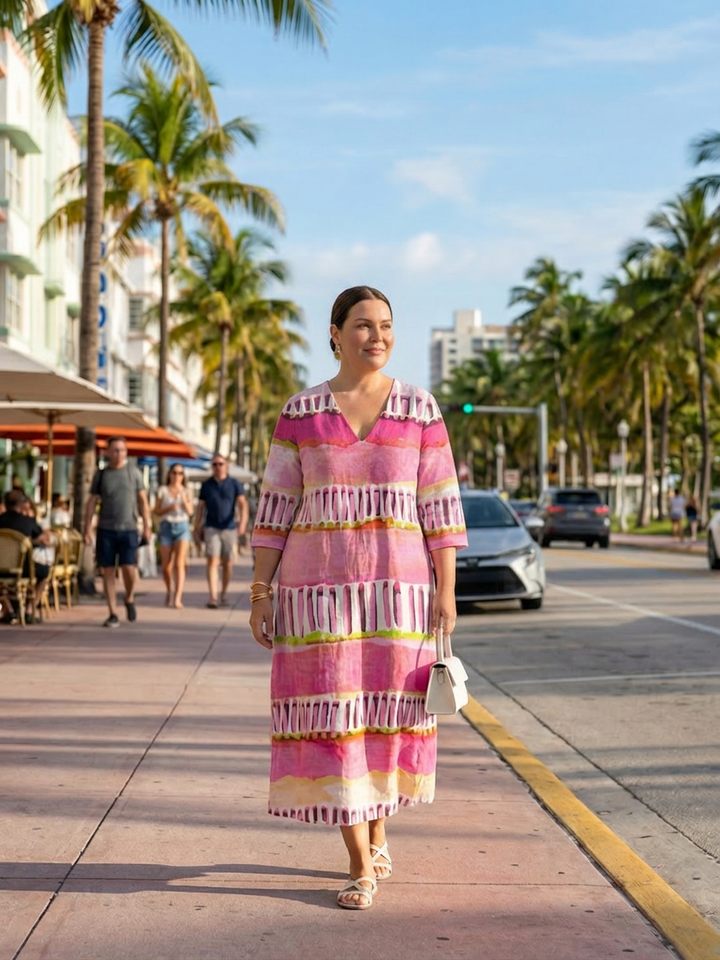 Kaia | Enkel Flow Mønstret Stripe Midi Kjole