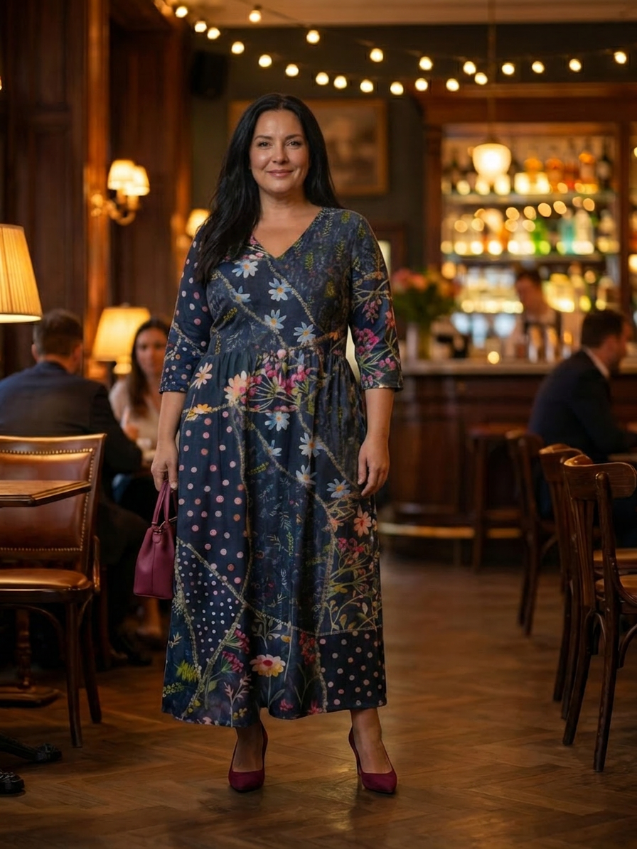 Thea | Enkel Samlet Blomster Midi Kjole