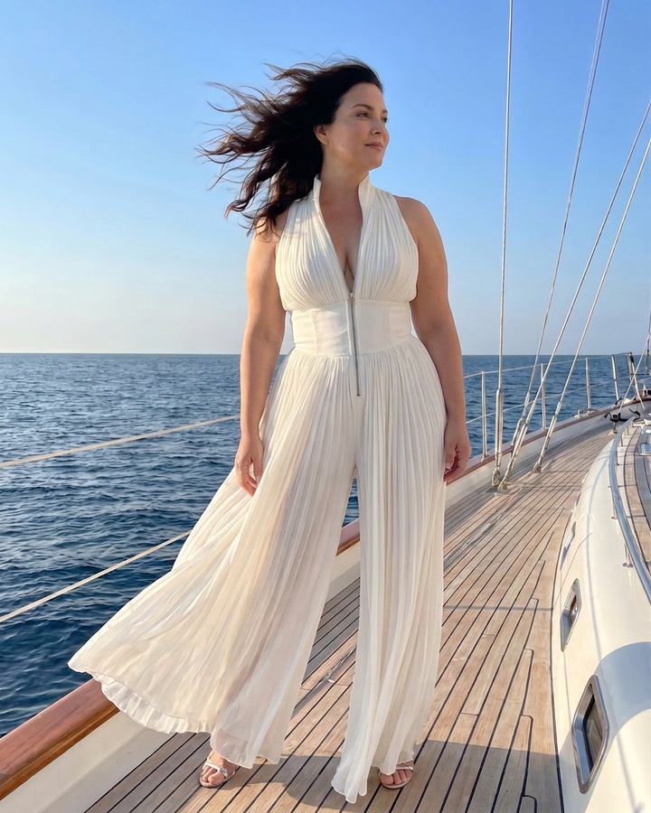 Eilwen | Plisserte Halterneck Bred Beina Jumpsuit