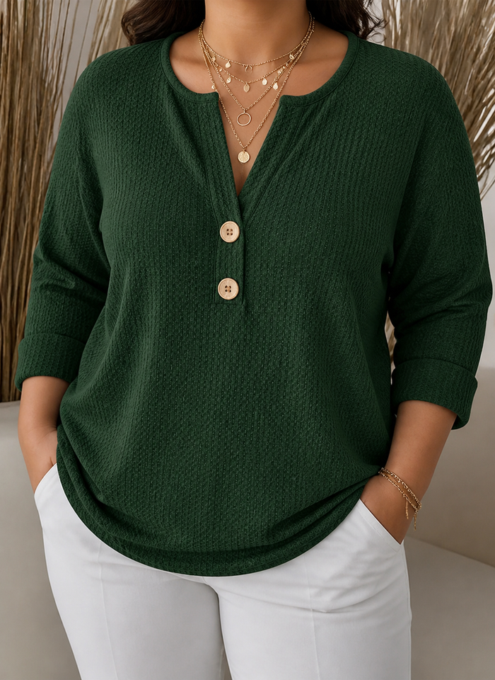 Dame Henley-topp med V-hals og Knapper