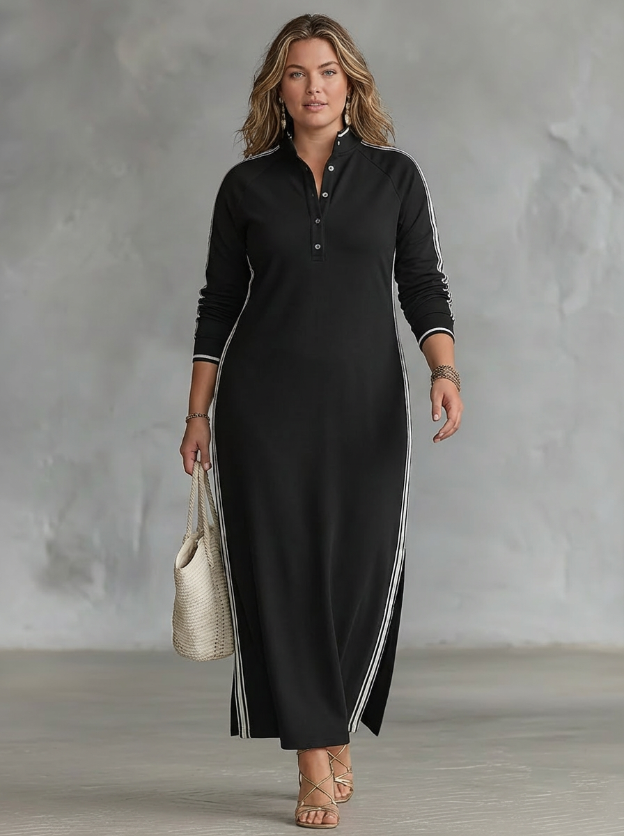 Maxi Sweatshirt Kjole for Kvinner med Knappe-ned Krage og Hvit Kant