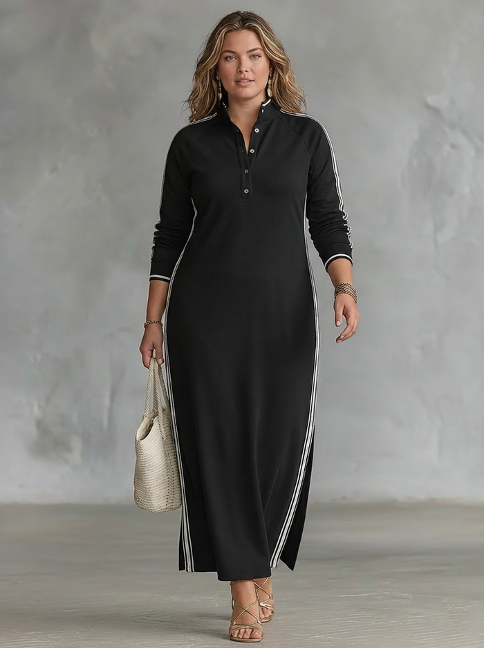 Maxi Sweatshirt Kjole for Kvinner med Knappe-ned Krage og Hvit Kant