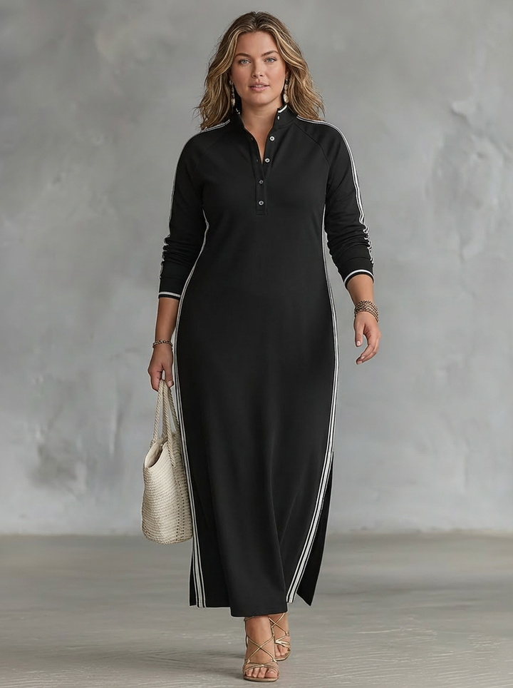 Maxi Sweatshirt Kjole for Kvinner med Knappe-ned Krage og Hvit Kant
