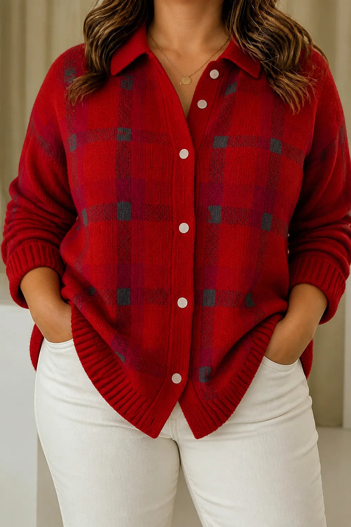 Dame Rutete Cardigan med Krage og Knapper