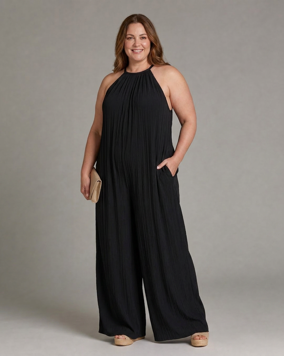 Wanda | Plisserte Halterneck Bred Ben Avslappet Jumpsuit