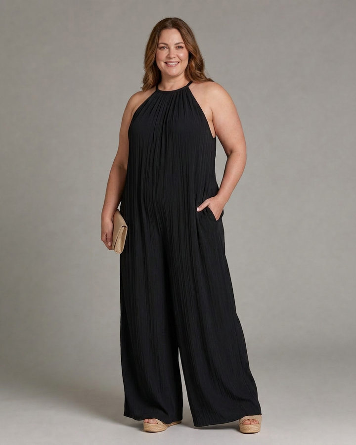 Wanda | Plisserte Halterneck Bred Ben Avslappet Jumpsuit
