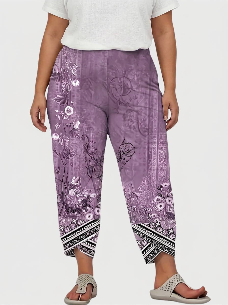 Olwen | Vintage Floral Capri Bukse Med Elastisk Midje