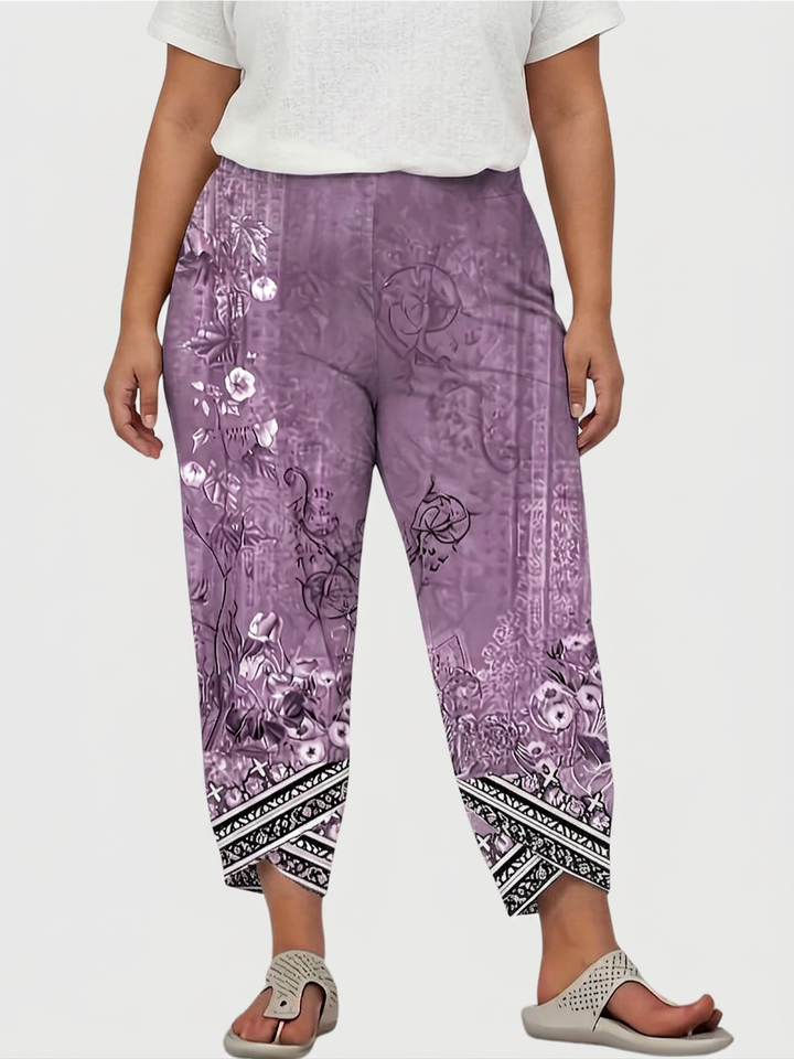 Olwen | Vintage Floral Capri Bukse Med Elastisk Midje