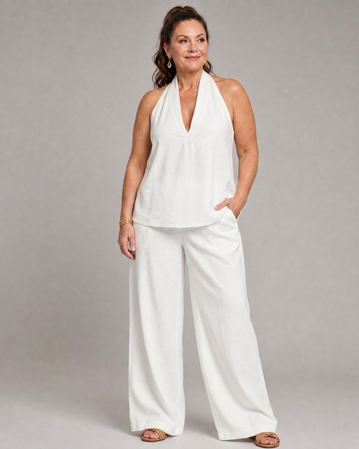 Opaline | Halterneck Denim Topp og Vide Bukser Sett