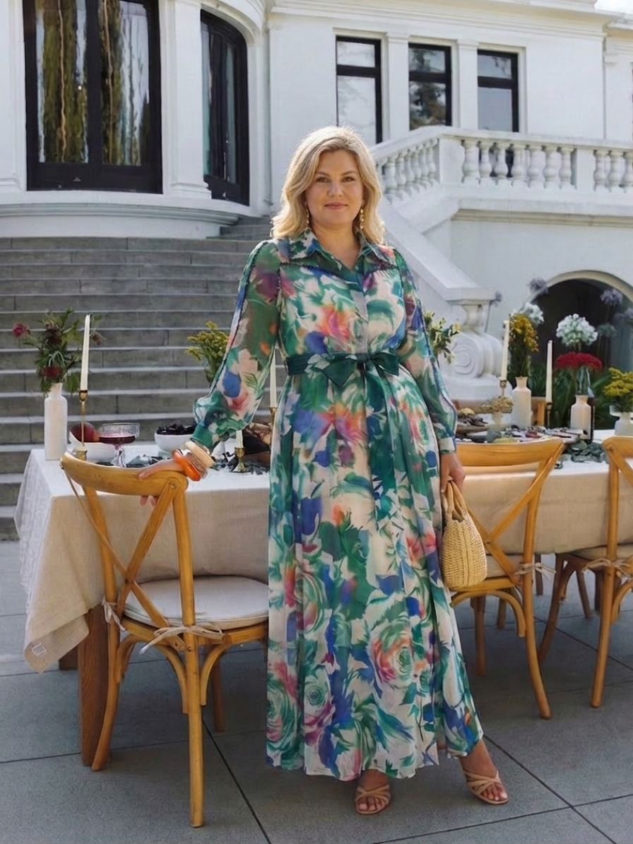 Aveline | Langermet trykket belted maxi-kjole