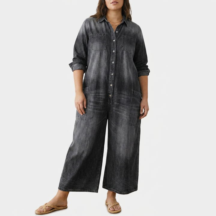 Perle | Vintage Vasket Myk Bomull Denim Jumpsuit med Knapplukking