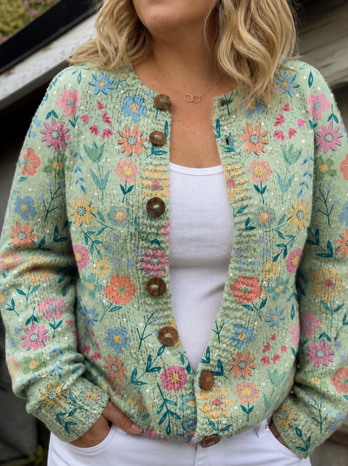 Dame Vintage Blomstret Cardigan med Åpen Front Trykknapper