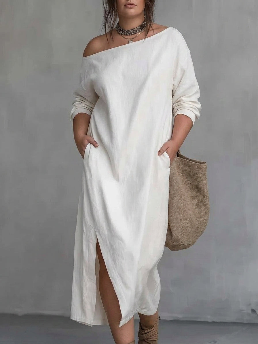 Kaia Off-Shoulder Slit Dress: Moderne Minimalistisk Eleganse