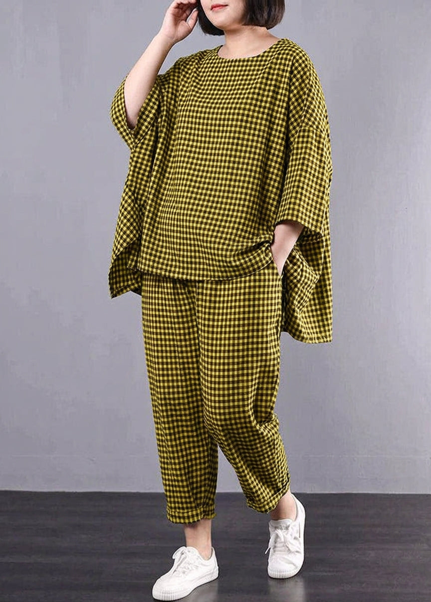 Elke - Casual Pluss Størrelse Bomull Lin Rød Rutete Vintage Bluse Og Bukser
