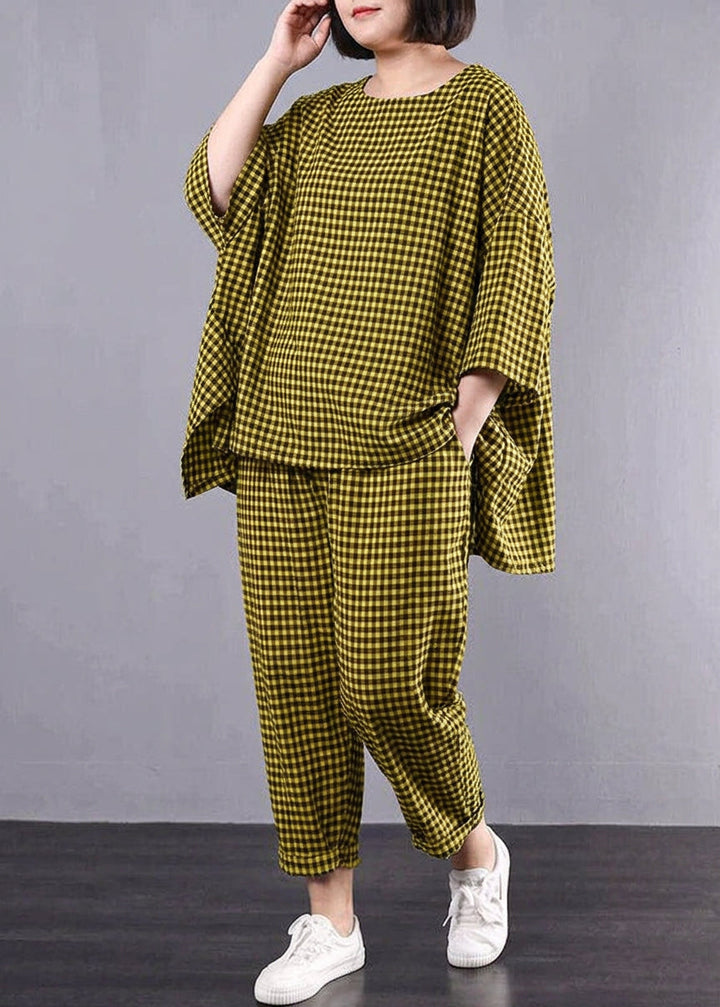 Elke - Casual Pluss Størrelse Bomull Lin Rød Rutete Vintage Bluse Og Bukser
