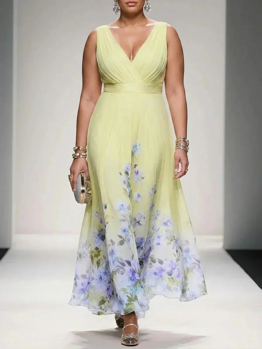 Salma | Lys Blå Blomstrete Chiffon V-Hals Maxi Kjole