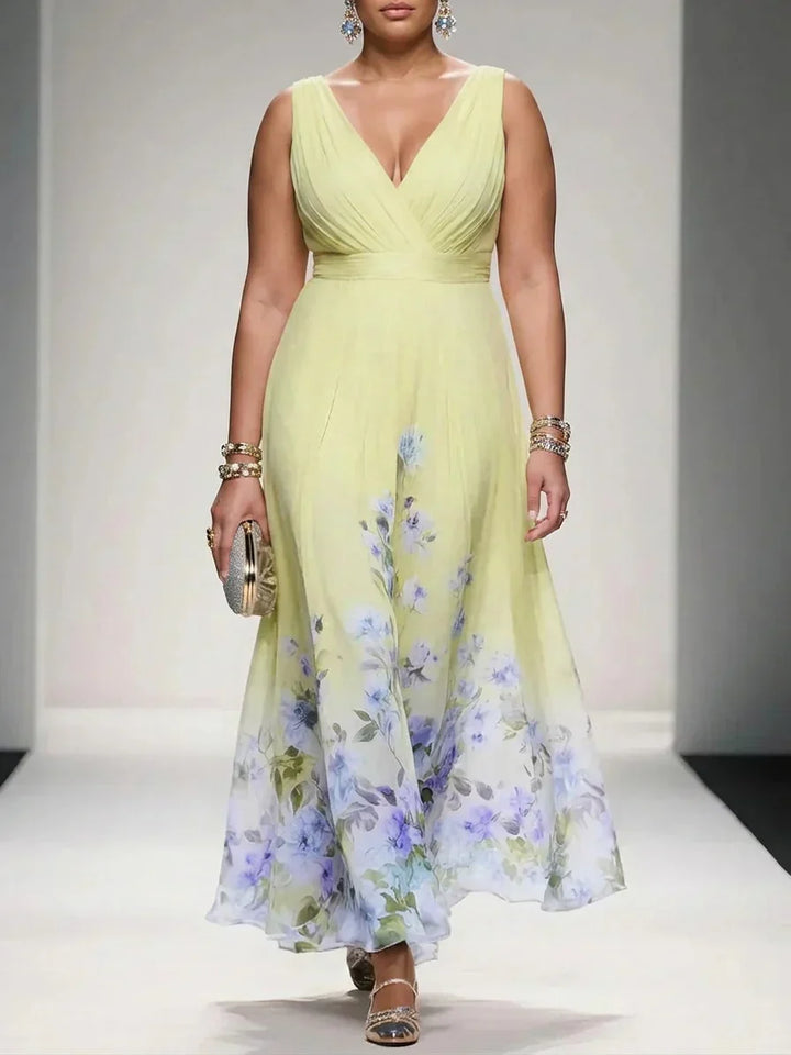 Salma | Lys Blå Blomstrete Chiffon V-Hals Maxi Kjole