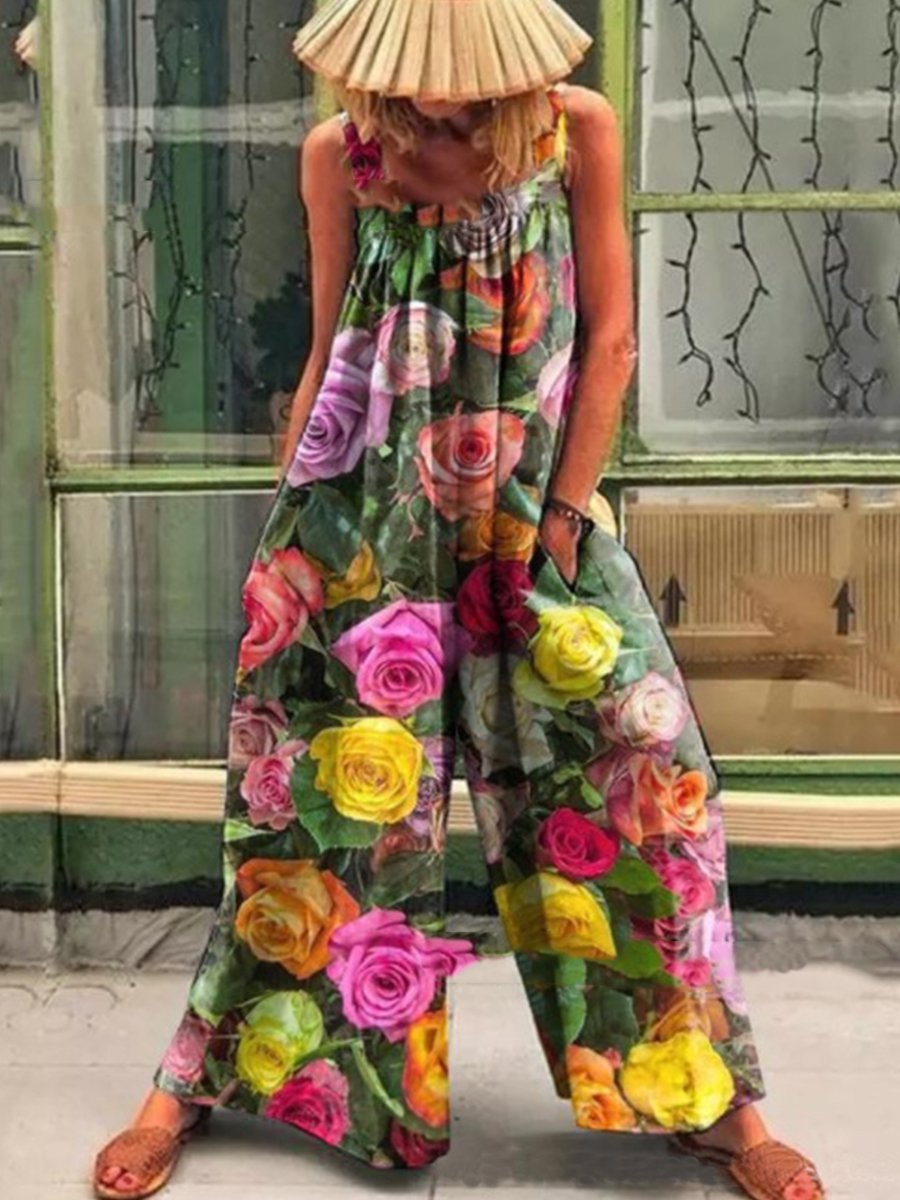Saskia - Løs Multicolor Solfylt Blomstertrykk Jumpsuit