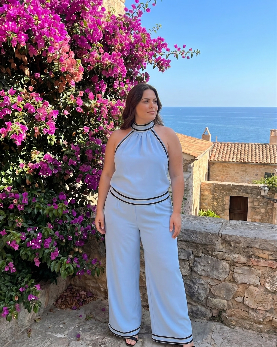 Saffran | Kontrastkant Halterneck Bred Ben Jumpsuit