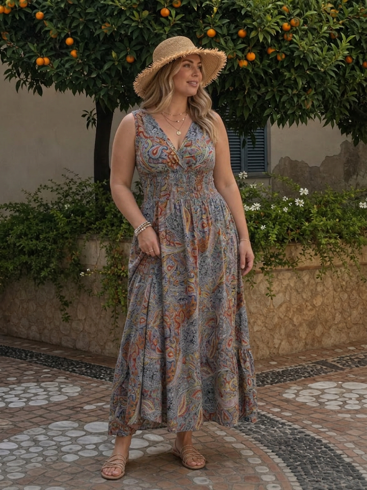 Nova | Ermeløs Paisley Print Midi Kjole