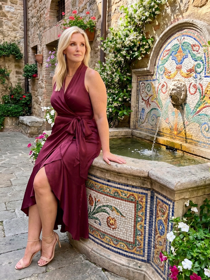 Amina | Halter Neck Wrap Asymmetrisk Hem Midi Kjole
