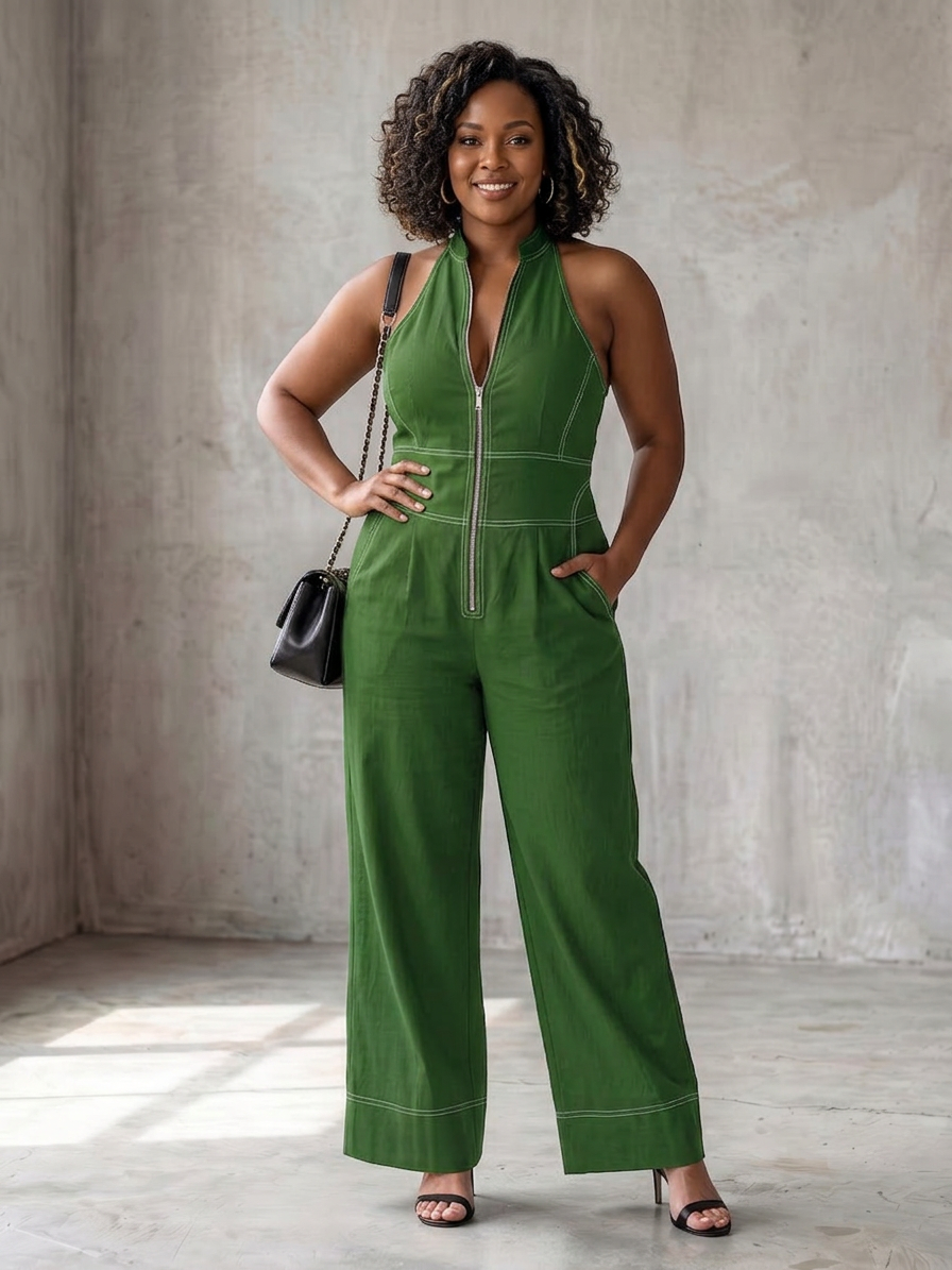 Nell | Zip Front Kontrast Søm Bred Ben Jumpsuit