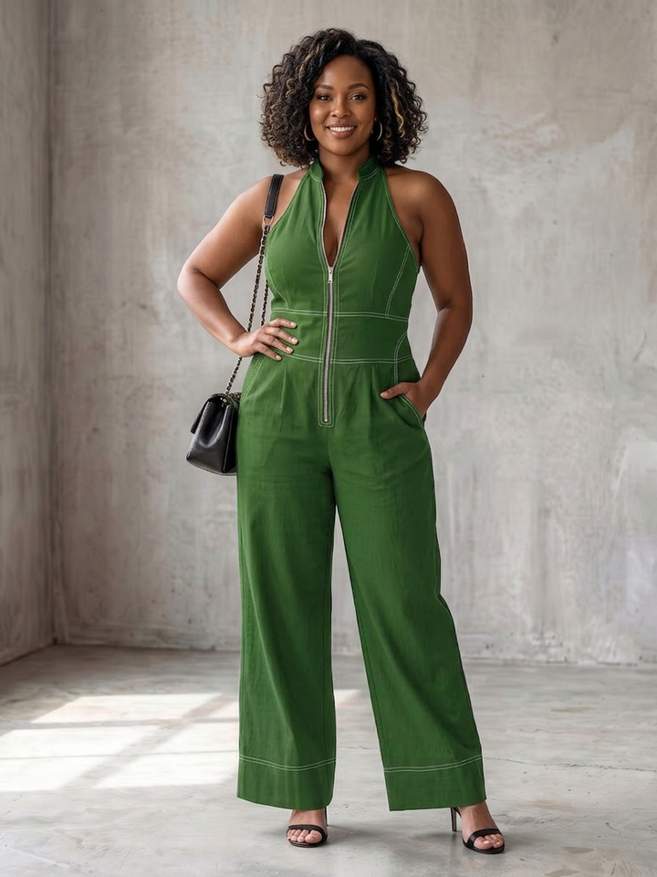Nell | Zip Front Kontrast Søm Bred Ben Jumpsuit