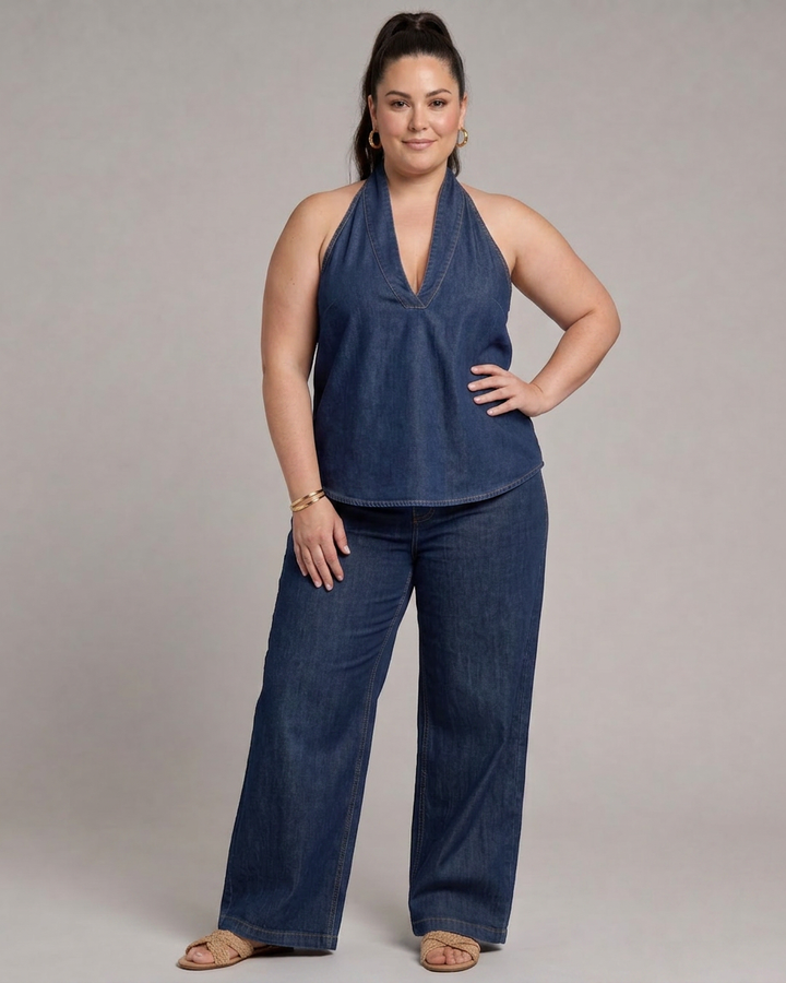 Opaline | Halterneck Denim Topp og Vide Bukser Sett