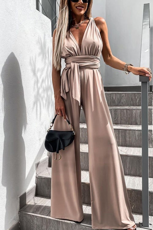 Edith - Ensfarget Slim V-hals Snøring Uten Ermer Jumpsuit