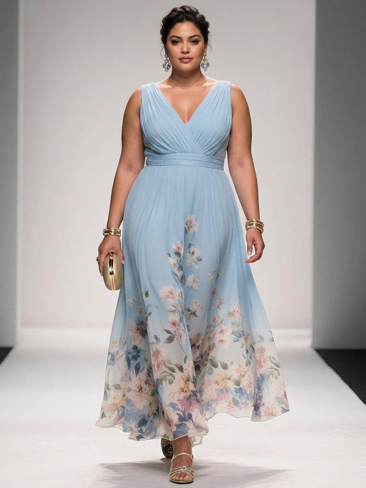 Salma | Lys Blå Blomstrete Chiffon V-Hals Maxi Kjole