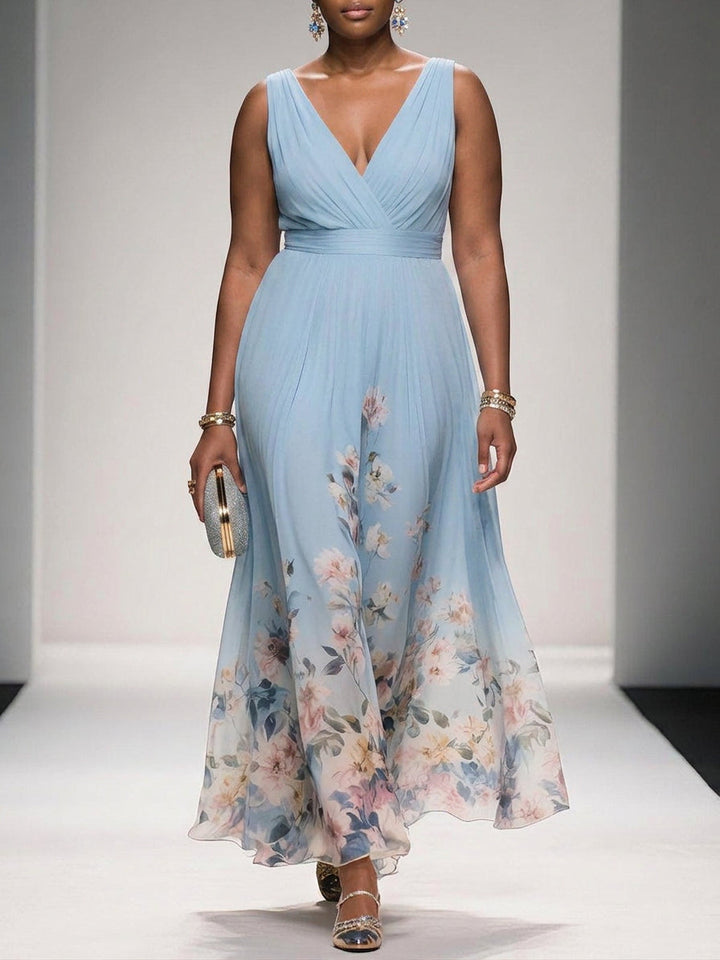 Salma | Lys Blå Blomstrete Chiffon V-Hals Maxi Kjole