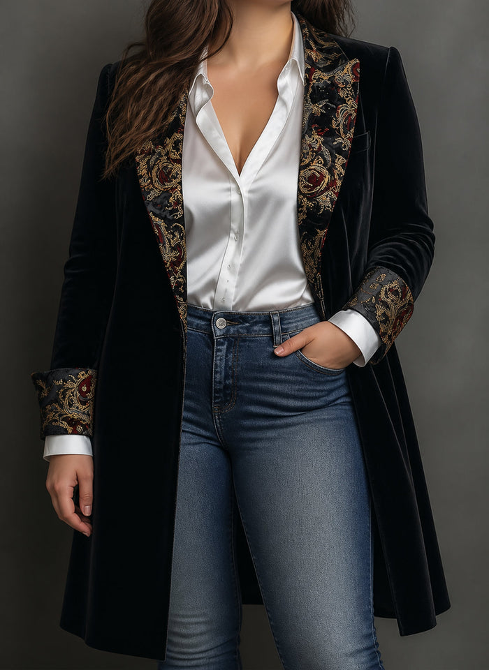 Dame Barokkbrodert Blazer med Slank Passform og Lang Lengde