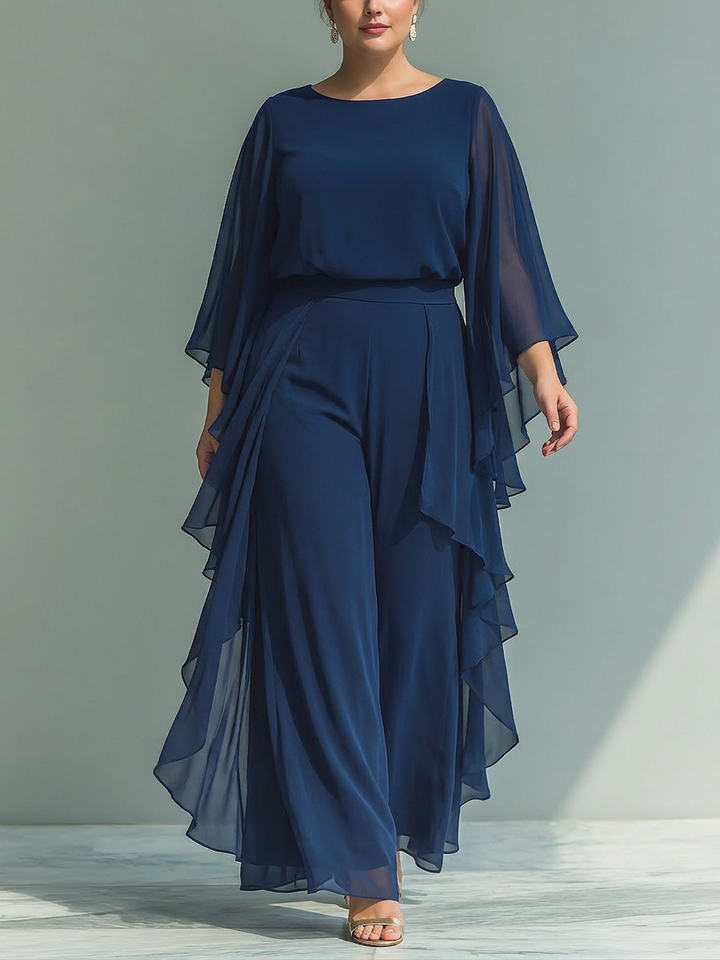 Navy Blue Chiffon Top Set med Utsvingte Ermer og Rett Ben Bukser med Rynkede Detaljer