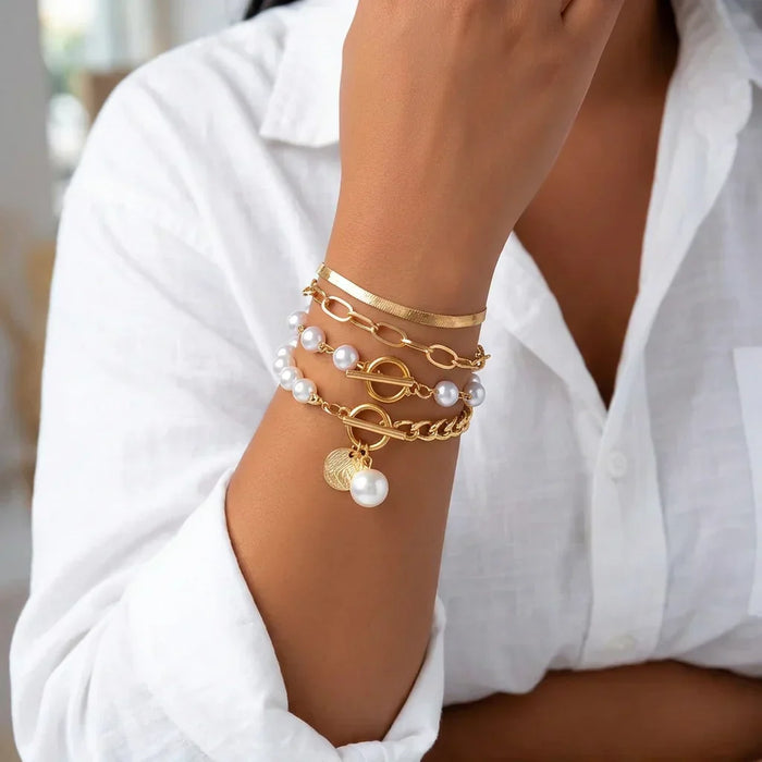 Fauna Gold 4-delt Armbåndsett - Slange, Perler & Lenker | Gull