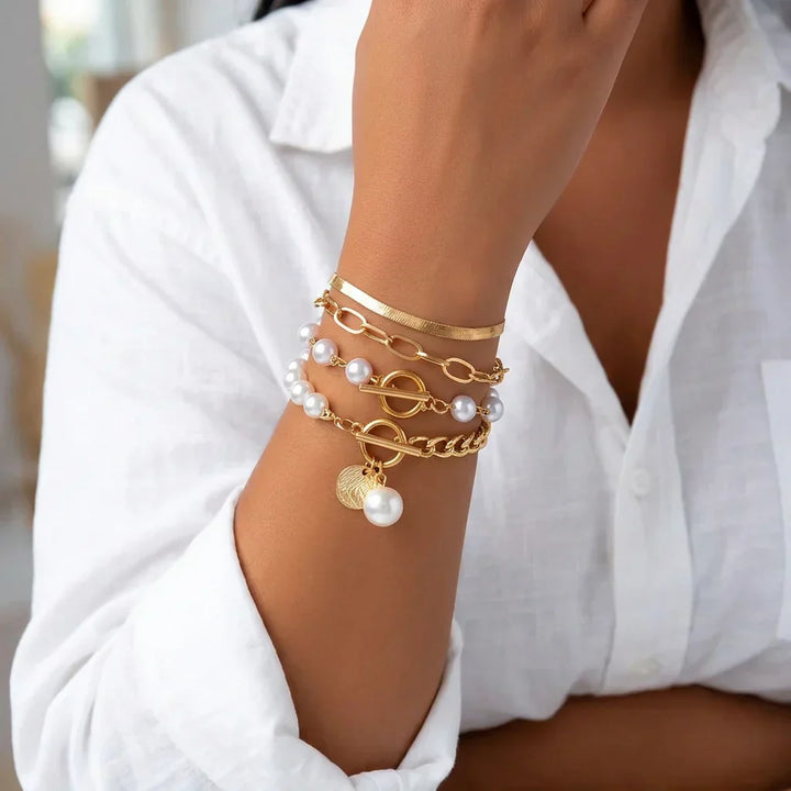 Fauna Gold 4-delt Armbåndsett - Slange, Perler &amp; Lenker | Gull