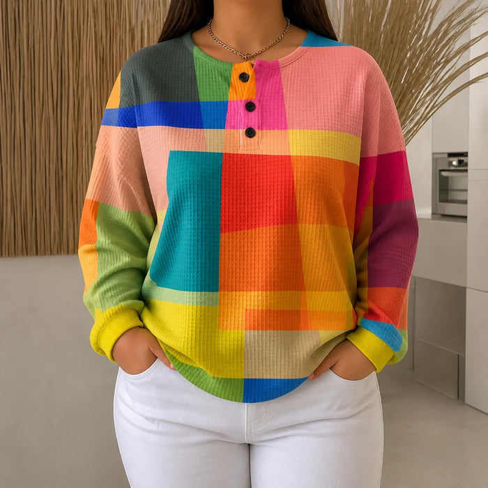 Dame Genser Fargeblokk med Henley-Knapper