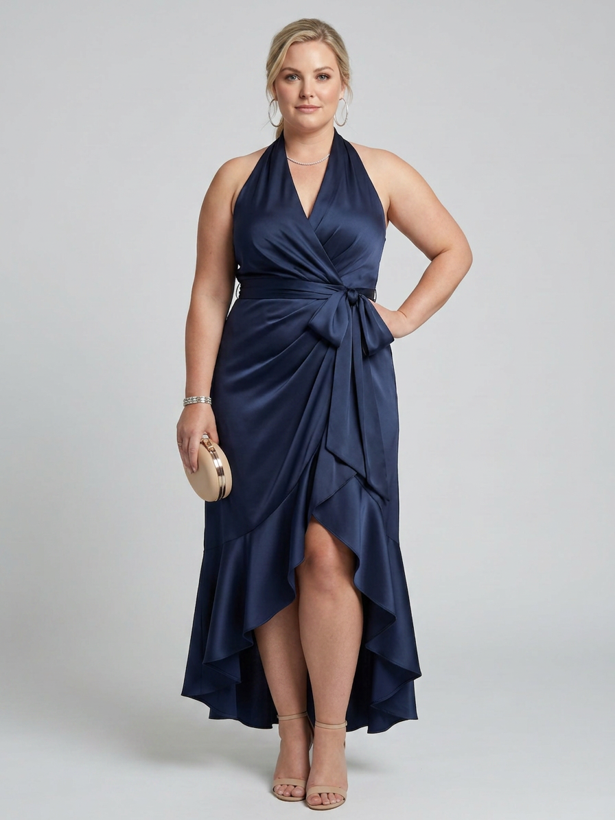 Amina | Halter Neck Wrap Asymmetrisk Hem Midi Kjole