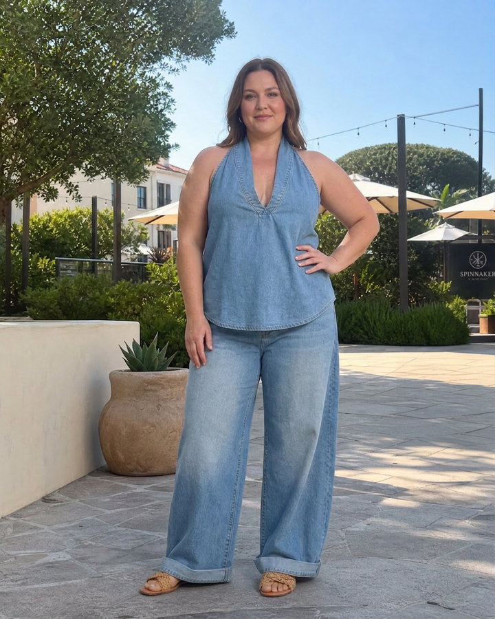 Opaline | Halterneck Denim Topp og Vide Bukser Sett