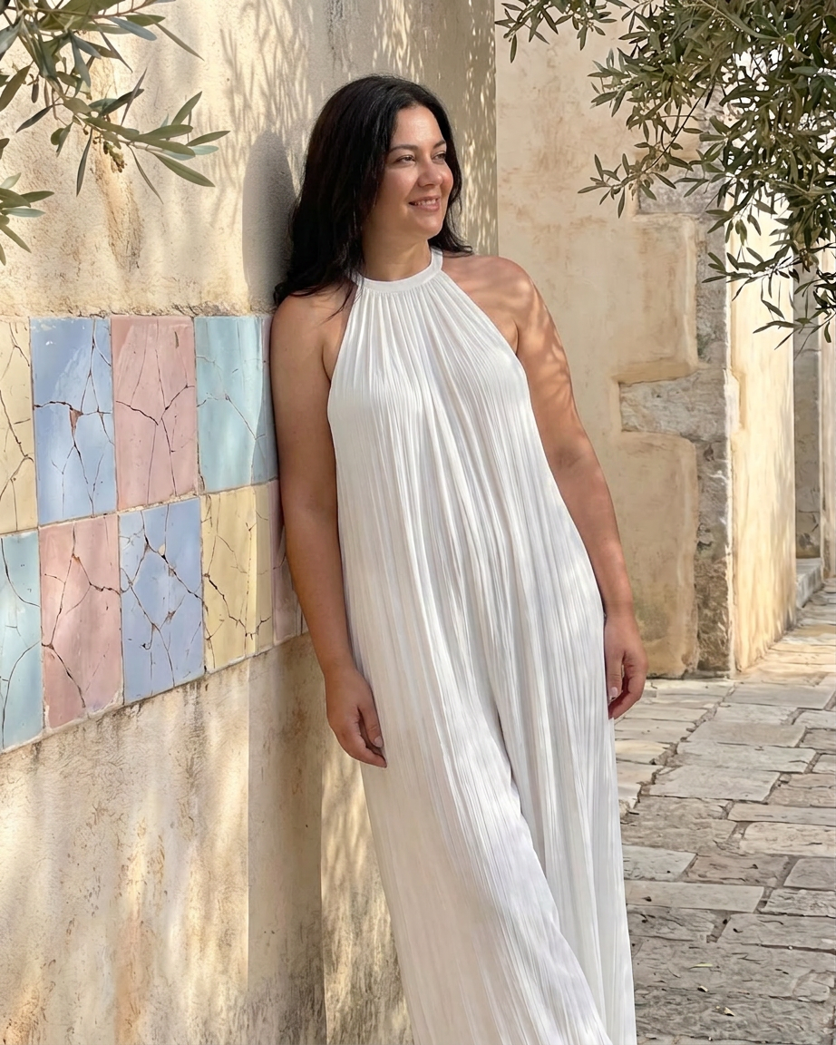 Wanda | Plisserte Halterneck Bred Ben Avslappet Jumpsuit
