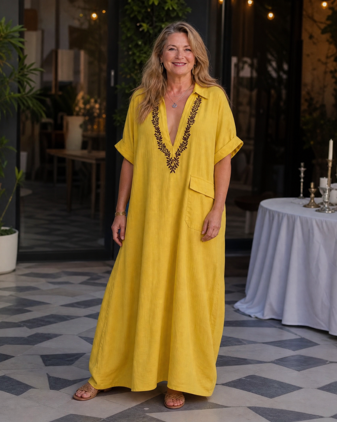 Posy | Brodert V-hals Maxikjole med Lomme Detalj