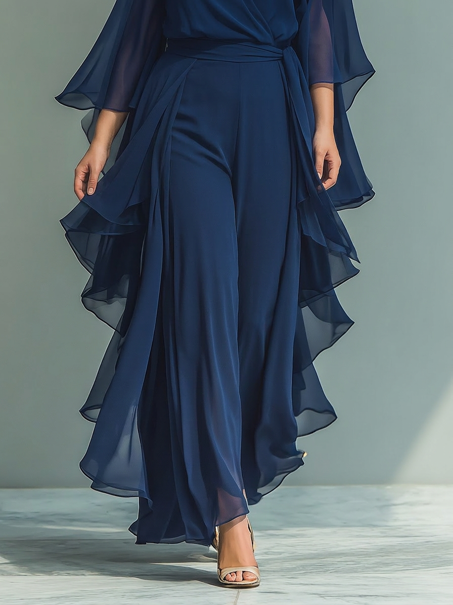 Navy Blue Chiffon Top Set med Utsvingte Ermer og Rett Ben Bukser med Rynkede Detaljer