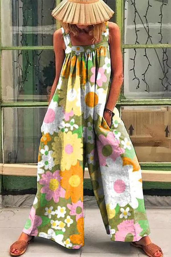 Saskia - Løs Multicolor Solfylt Blomstertrykk Jumpsuit